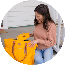 Woman with yellow tote bag