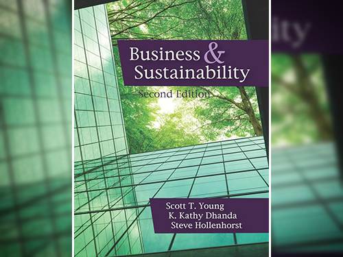 Book cover of Business and Sustainability showing glass windows and trees