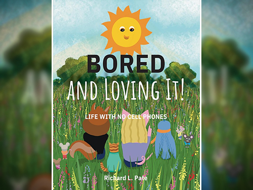 Book cover for Bored and Loving It showing three illustrated characters sitting in grass