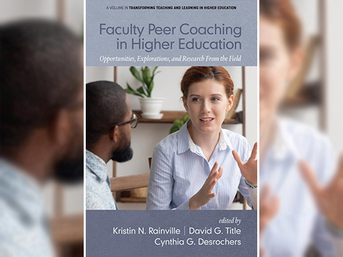 Book cover for Faculty Peer Coaching in Higher Ed showing a group of people talking