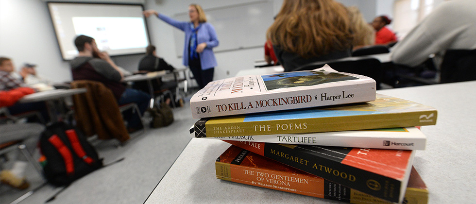 Stack of books in a classroom