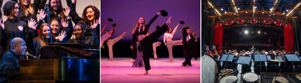 Collage of photos from choir, dance and band