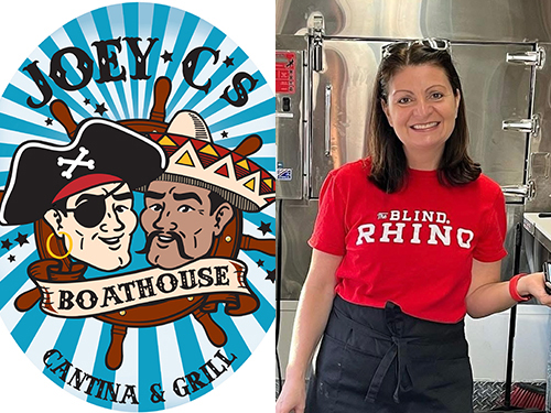 Joey C's Boathouse Cantina and Grill and a woman in a red Blind Rhino t-shirt