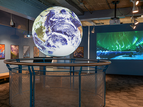 A large model of the earth inside the SHU Discovery Science Center and Planetarium