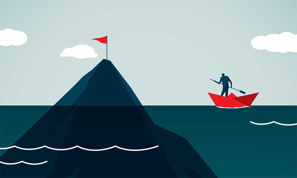 Illustration of person paddling in boat to mountain with a flag at the peak