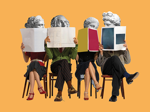 Four people with classical statue heads read newspapers and magazines while seated in a row