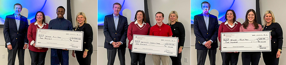 Three college students and judges with large prize checks