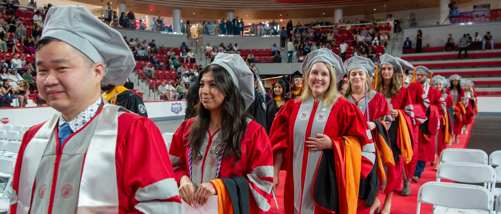 Doctoral students lined up at Commencement