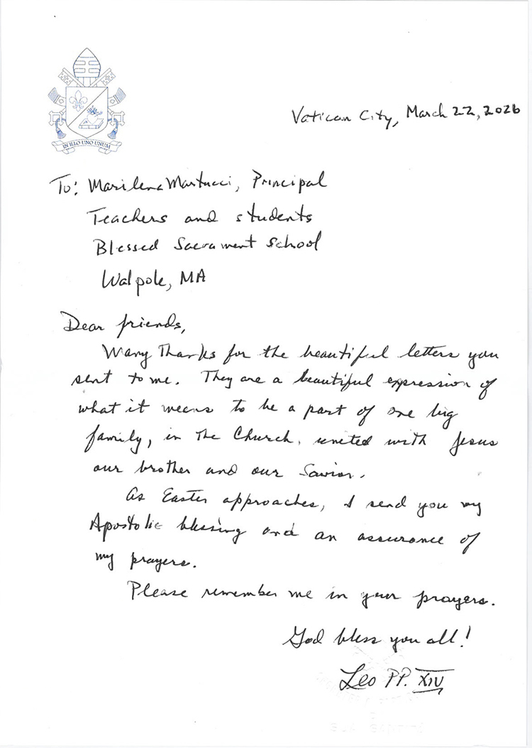 A hand-written letter from Pope Leo - text to follow image