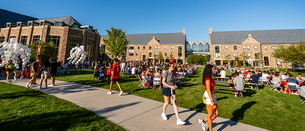Students sitting outside on campus