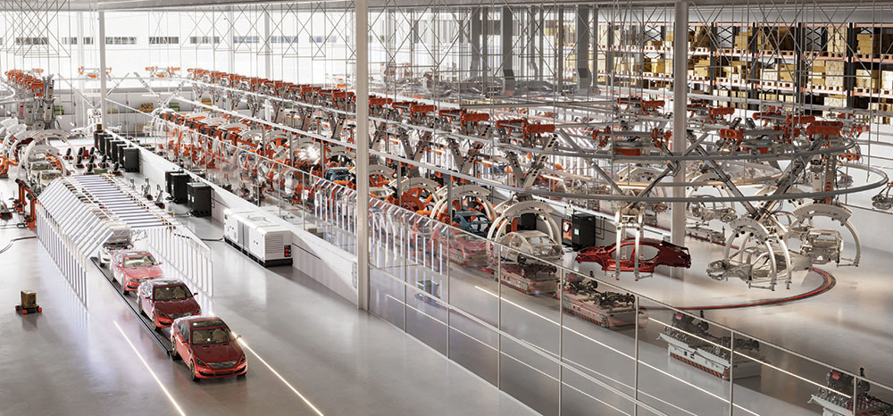 Cars being produced in a factory