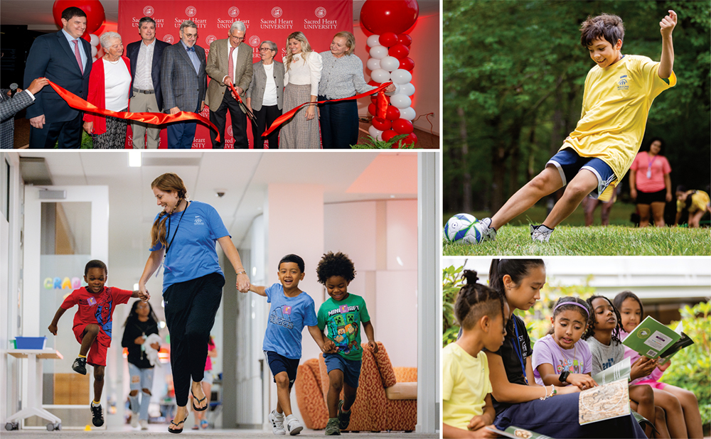 Collage of photos of Evans Family Atrium ribbon cutting and children in the Horizons program