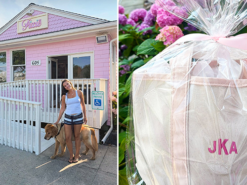 Collage of photos of Skylar Peterson in front of Pixie LBI and an embroidered bag