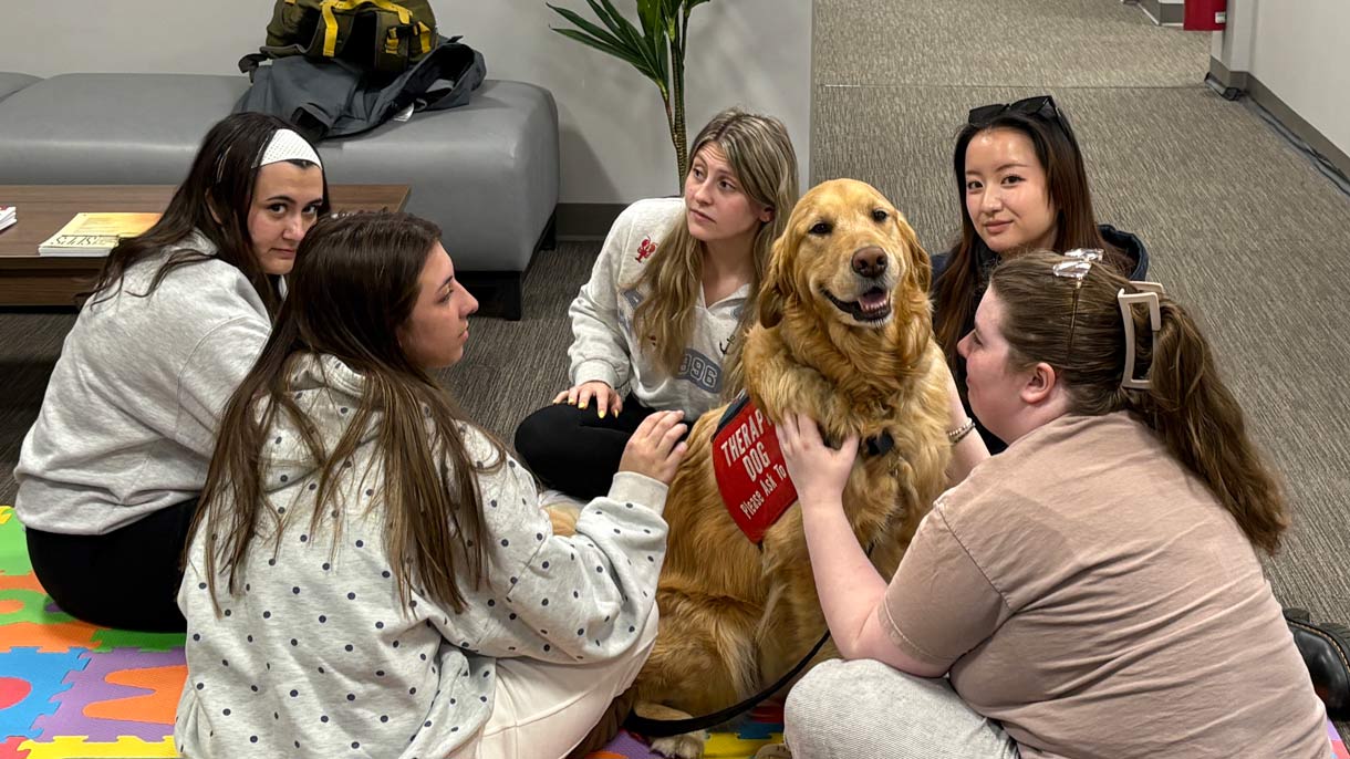 Group of students petting Golden Retriever