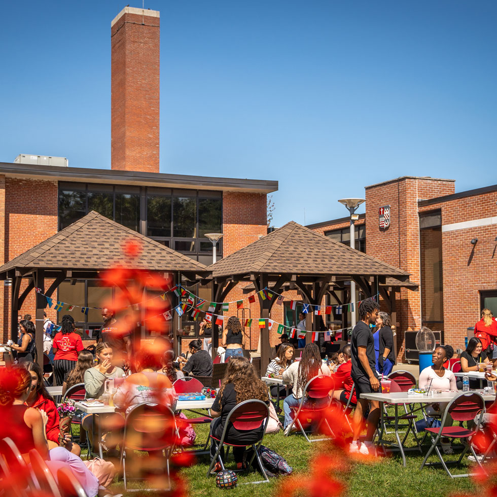 Students sitting outside at a cookout