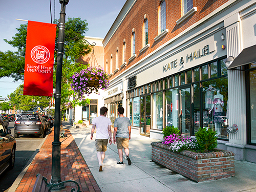 two people walking down a street with multiple shops