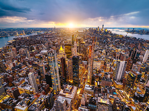 New York City skyline at sunset