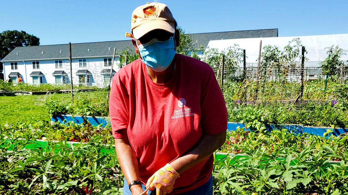 SHU-WELL students volunteer at the Reservoir Community Farm in Bridgeport.