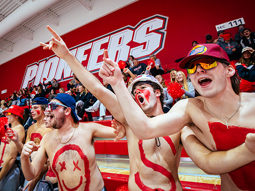 fans cheer from the bleachers at a basketball game