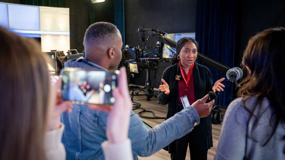 Woman being interviewed