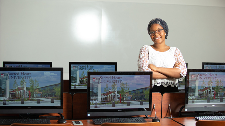 M.S. in Cybersecurity student in computer lab