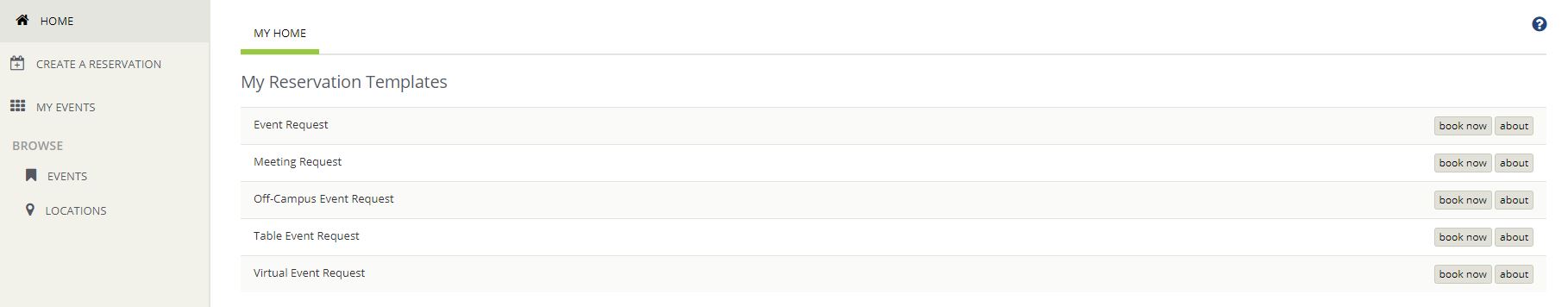 Screen shot of selecting event type on Pioneer Planner