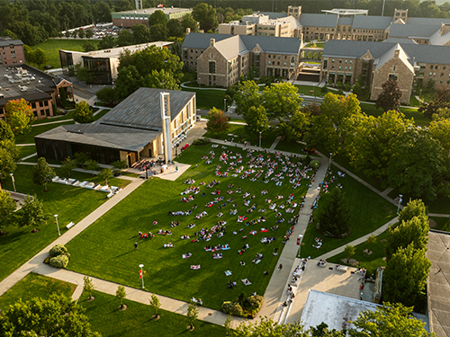 aerial photo of a university quad