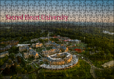 A puzzle with a view of Scared Heart University's campus