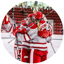 Hockey players hugging and celebrating